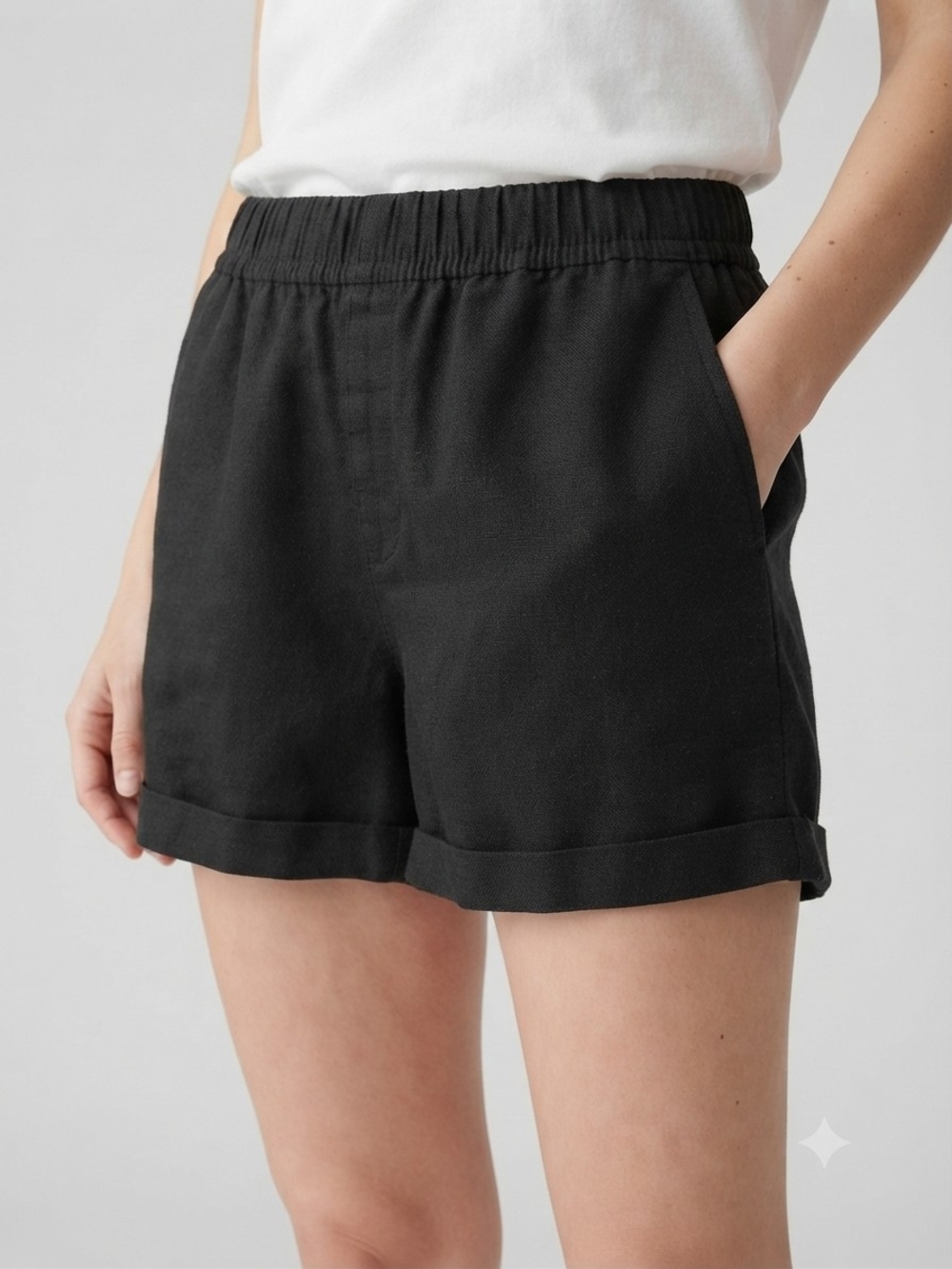 Frank And Oak Black Linen Blend Cuffed Pull-On Shorts Small Minimalist Coastal